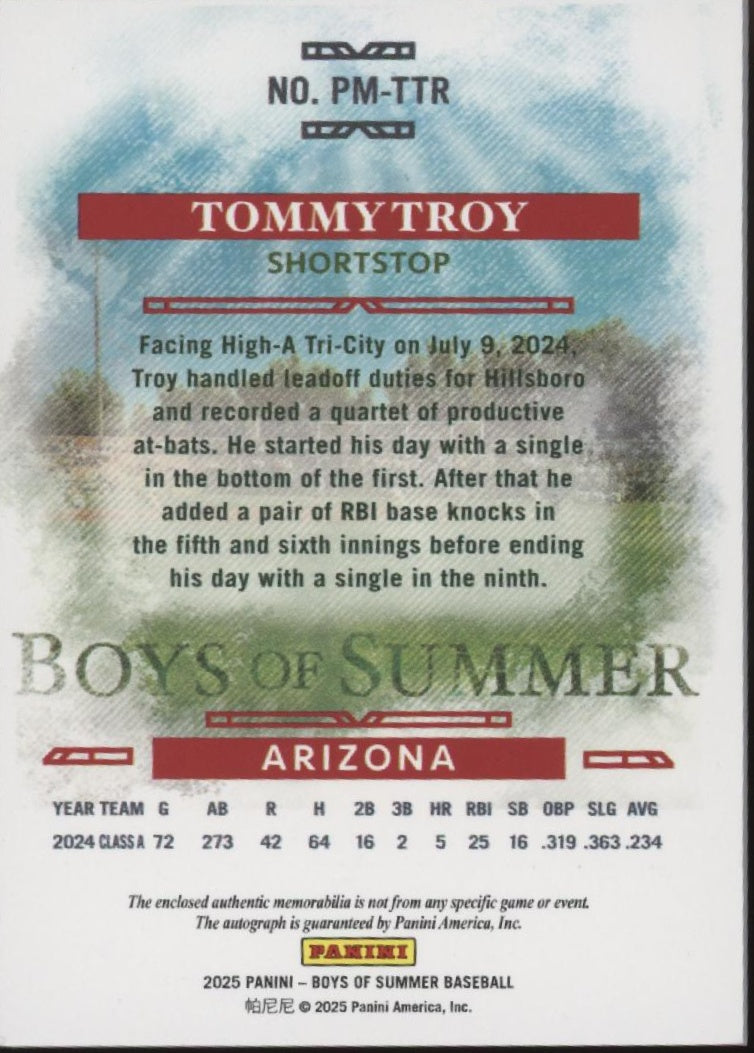 Tommy Troy 2025 Panini Boys of Summer Swatch Auto 74/99 #PM-TTR、Collector Store LLC、kayou