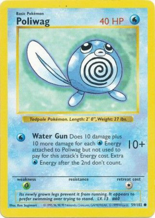 Pokemon Base Set Common Poliwag #59 Shadowless Moderately Played、ToyWiz、kayou