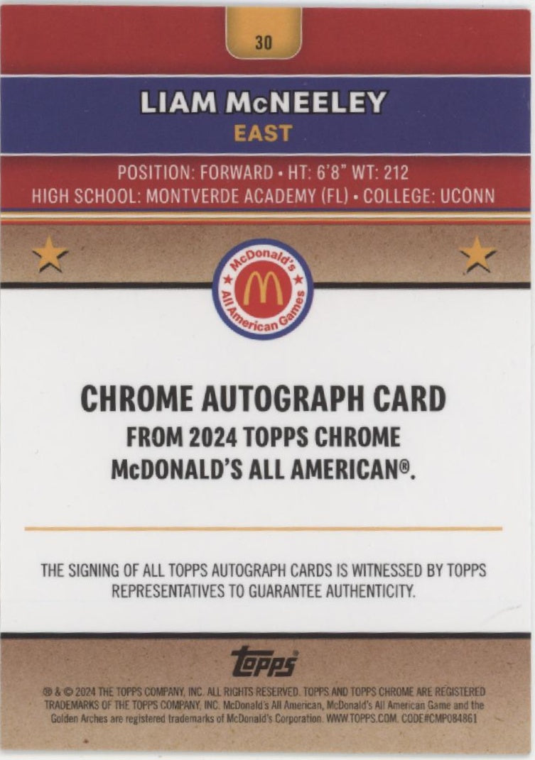Liam McNeeley 2024 Topps Chrome McDonald's All American Gold Auto 08/50 #30、Collector Store LLC、kayou