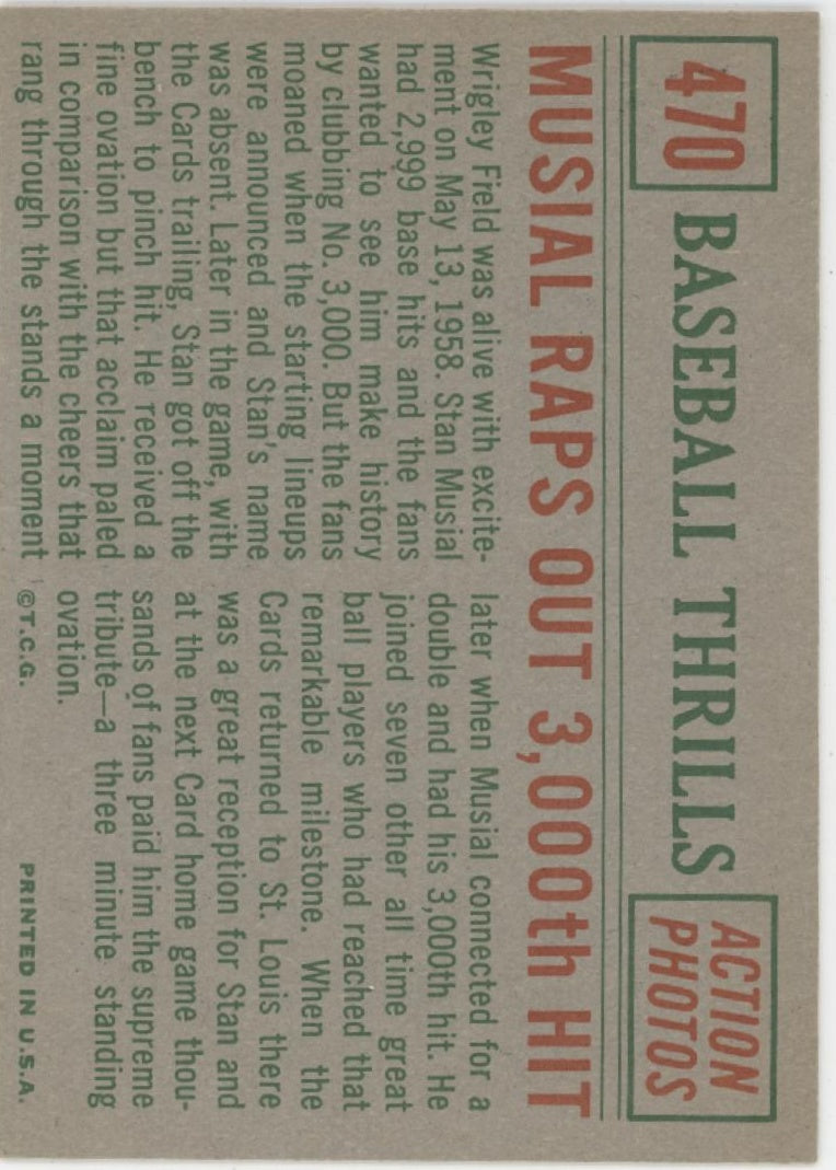 Musial Raps Out 3000th Hit 1959 Topps #470 St. Louis Cardinals VG-EX、Collector Store LLC、kayou