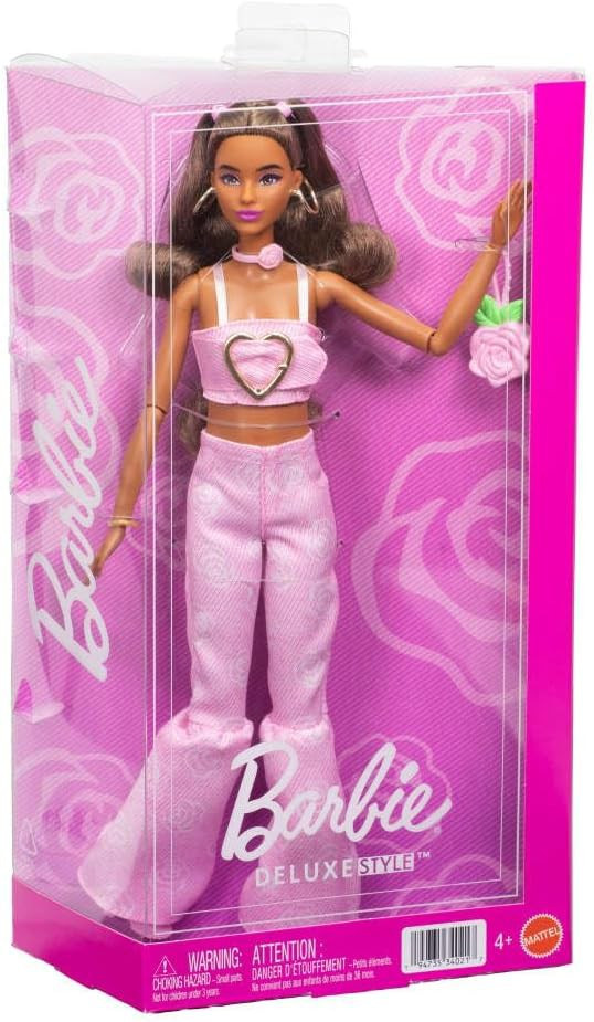 Deluxe Style Barbie 13.25-Inch Doll #12, Pink Denim Crop Top with Matching Rose Print Flare Jeans、ToyWiz、kayou