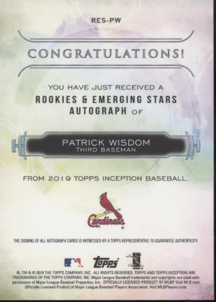 Patrick Wisdom 2019 Topps Inception Pink RC Auto 32/99 #RES-PW、Collector Store LLC、kayou