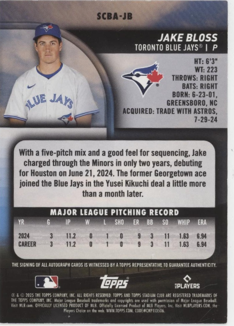 Jake Bloss 2025 Topps Stadium Club Holo RC Auto 01/25 #SCBA-JB、Collector Store LLC、kayou