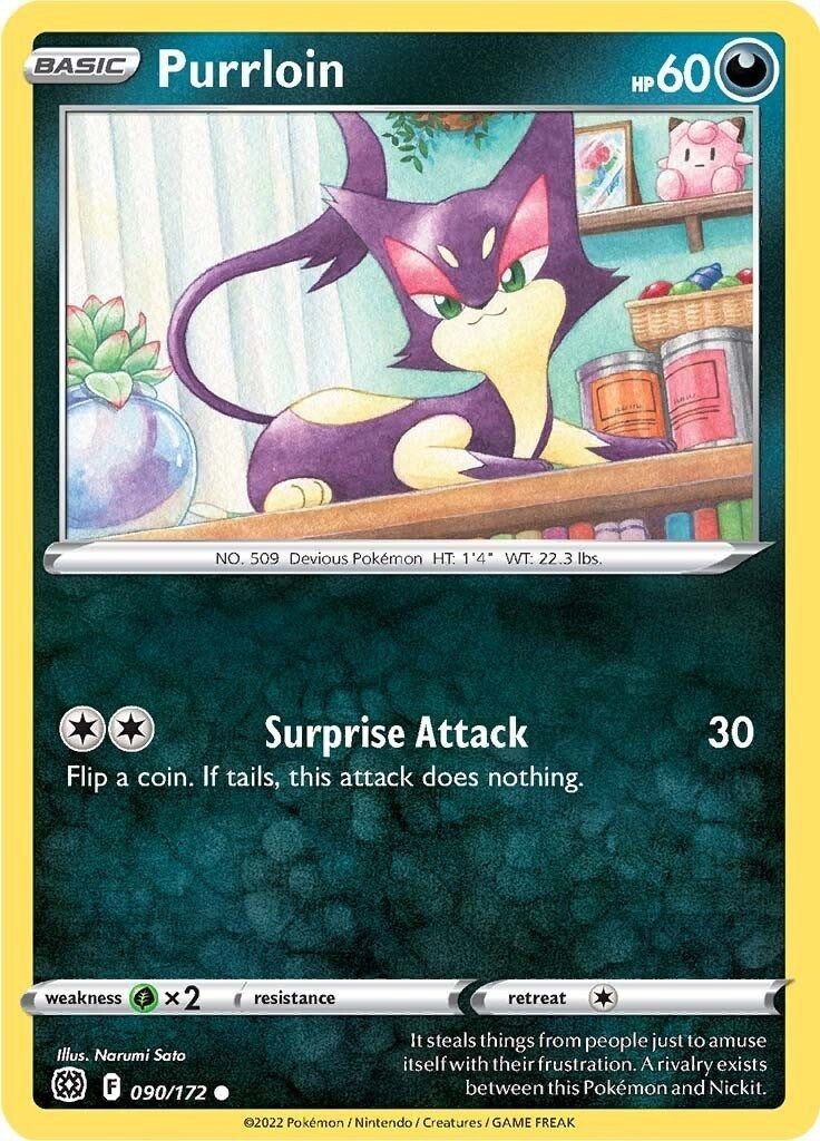 Pokemon Trading Card Game Sword & Shield Brilliant Stars Common Purrloin #90 Reverse Holo、ToyWiz、kayou