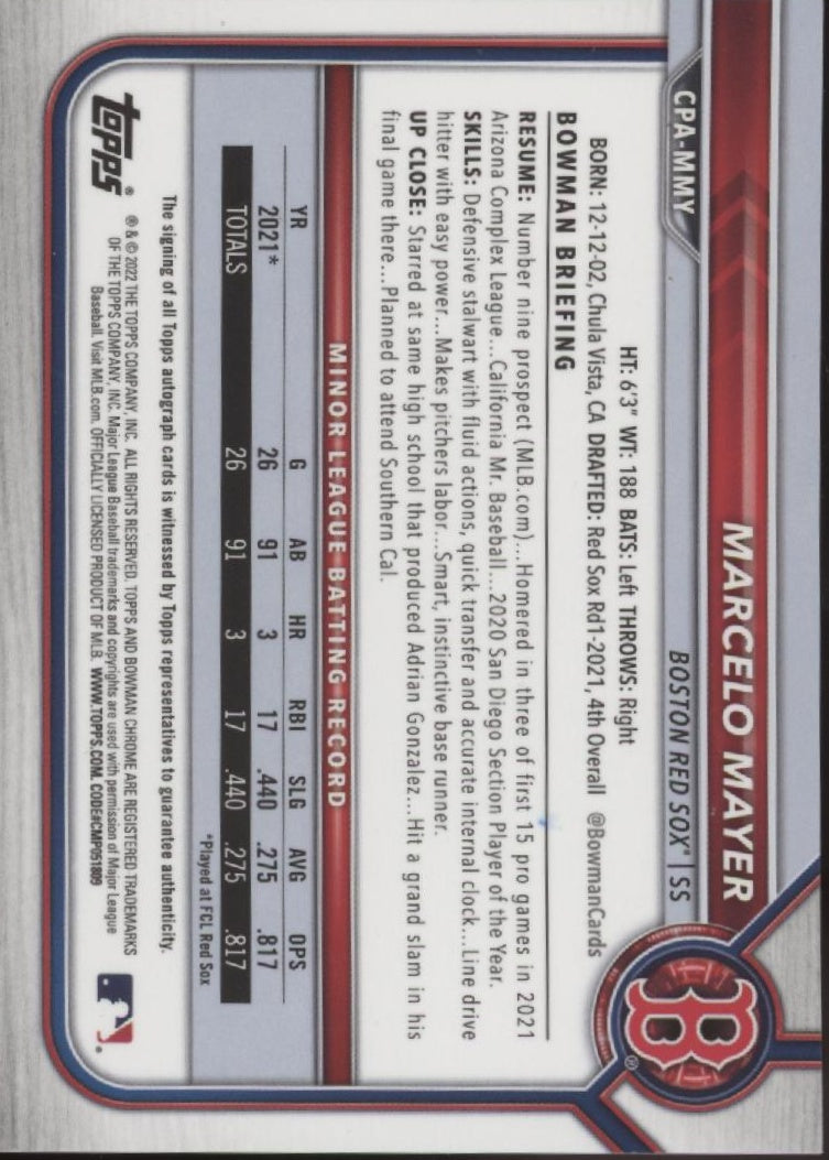 Marcelo Mayer 2022 Bowman Chrome Prospects Blue Refractor Auto 017/150 #CPA-MMY、Collector Store LLC、kayou