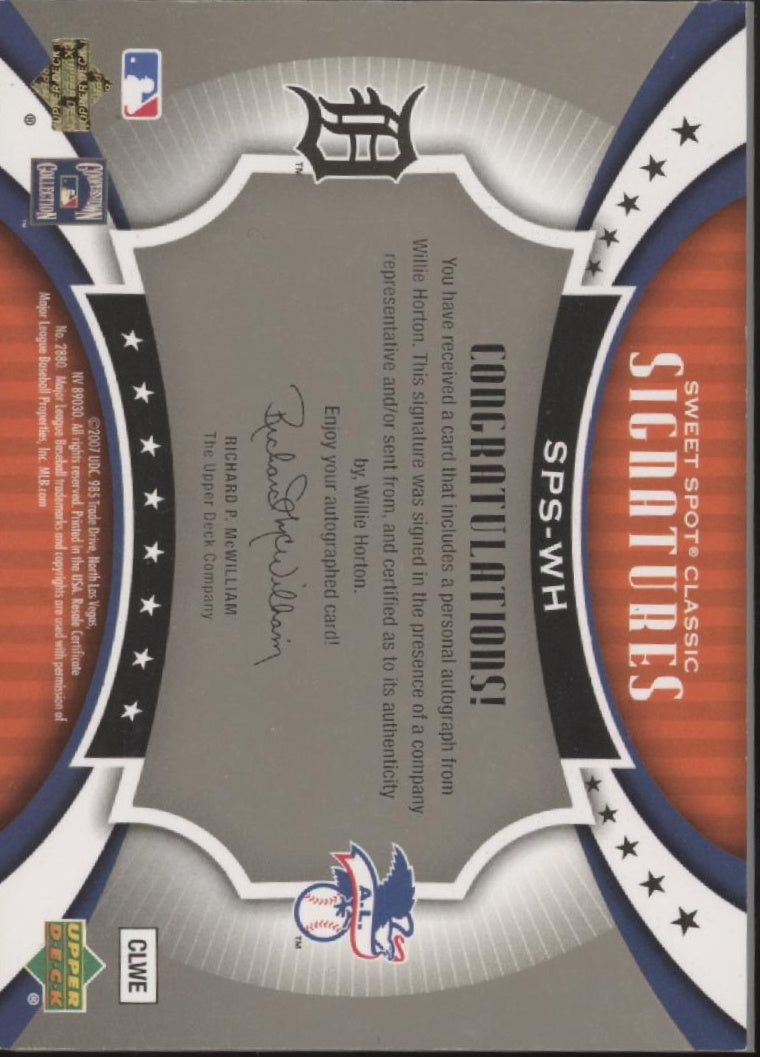 Willie Horton 2007 Upper Deck Sweet Spot Classic Relic Auto 149/175 #SPS-WH、Collector Store LLC、kayou