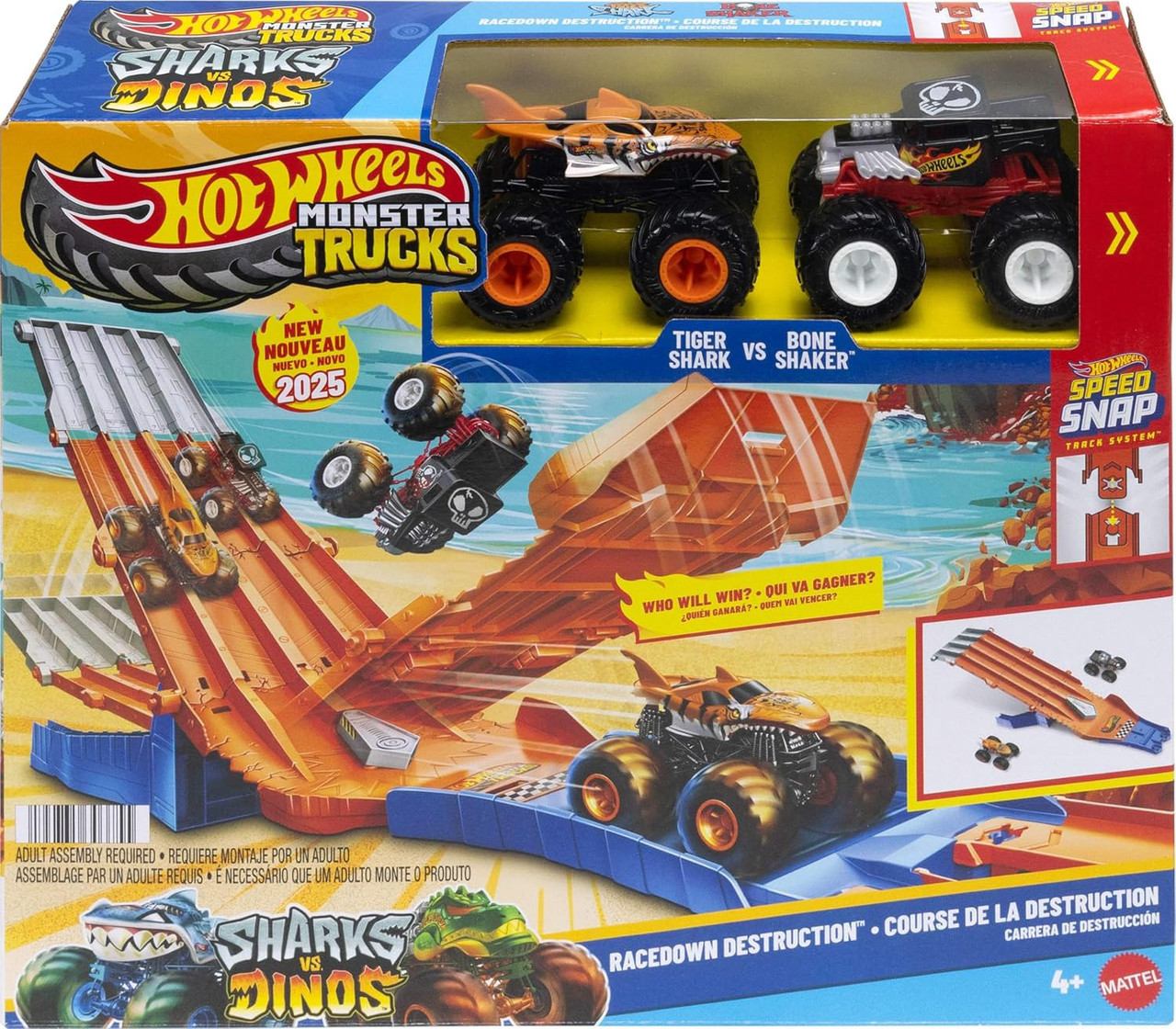 Hot Wheels Monster Trucks Sharks vs Dinos Racedown Destruction Playset、ToyWiz、kayou