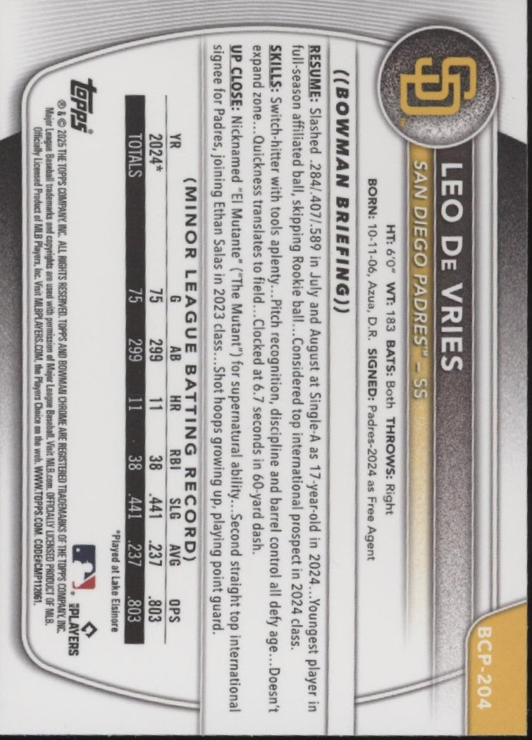 Leo De Vries 2025 Bowman Chrome Prospects Blue Refractor 050/150 #BCP-204、Collector Store LLC、kayou