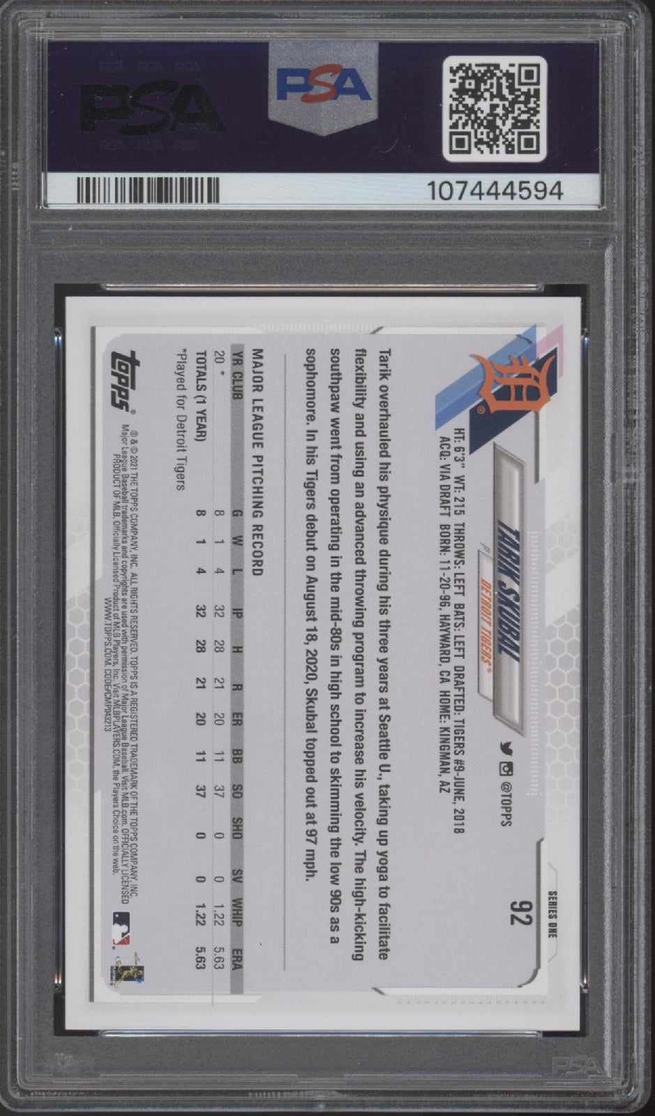 Tarik Skubal 2021 Topps Series 1 RC #92 PSA 9 #2、Collector Store LLC、kayou