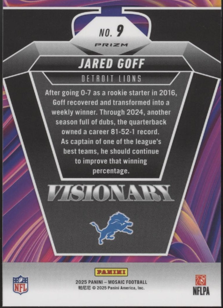 Jared Goff 2025 Panini Mosaic Visionary Prizm #9、Collector Store LLC、kayou