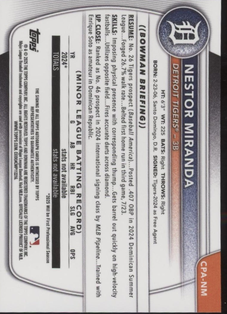 Nestor Miranda 2025 Bowman Chrome Prospects Auto #CPA-NM、Collector Store LLC、kayou