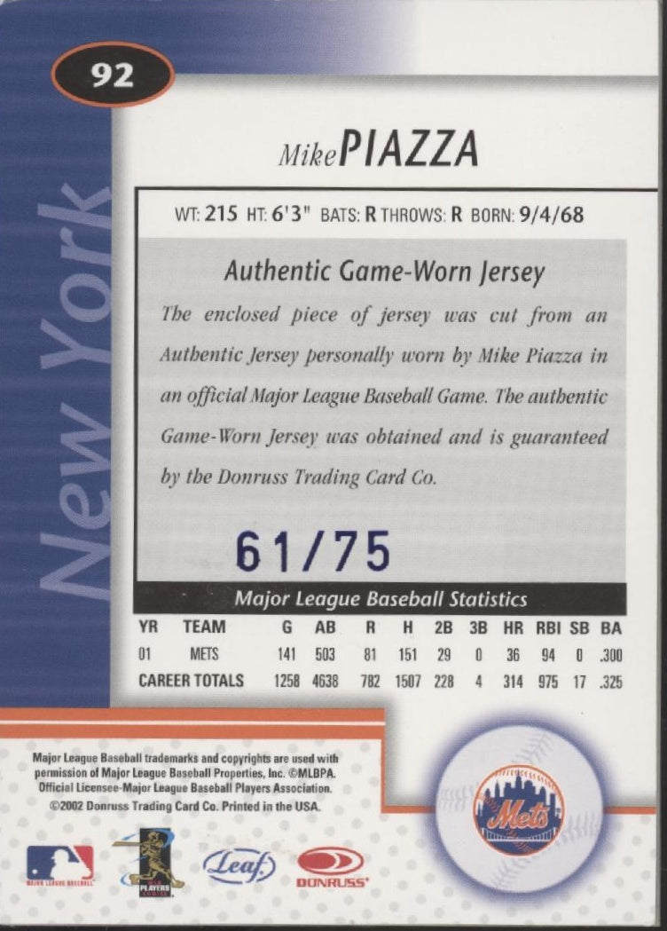 Mike Piazza 2002 Leaf Certified Mirror Blue Swatch 61/75 #92、Collector Store LLC、kayou