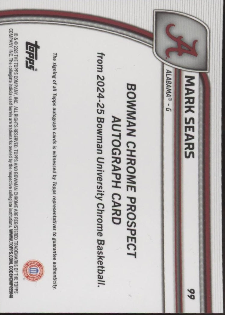 Mark Sears 2024-25 Bowman Chrome University Shock Refractor Auto #99、Collector Store LLC、kayou