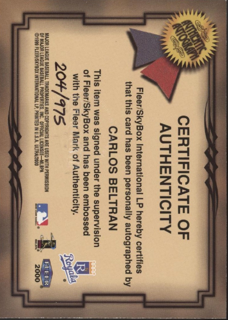 Carlos Beltran 1999 Fleer Ultra Fresh Ink Auto 204/975、Collector Store LLC、kayou