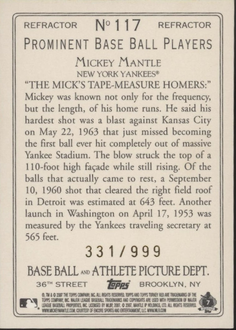 Mickey Mantle 2007 Topps Turkey Red Refractor 331/999 #117、Collector Store LLC、kayou