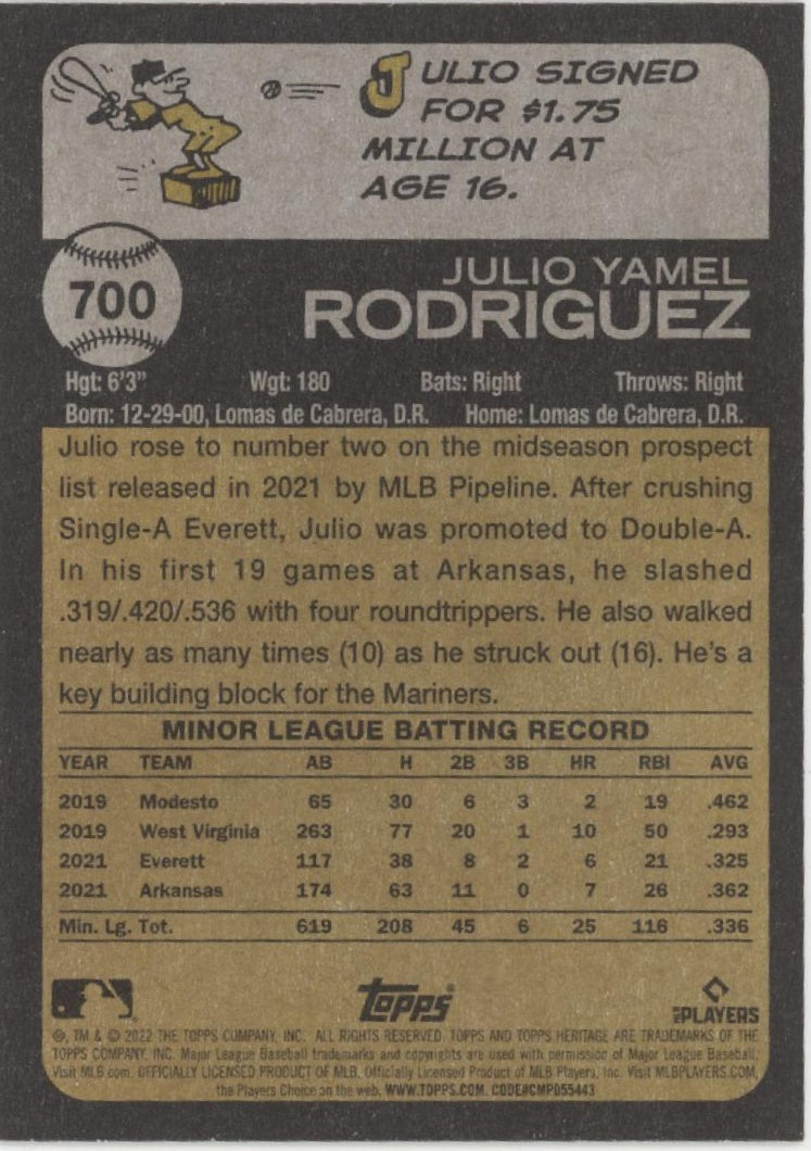 Julio Rodriguez 2022 Topps Heritage RC #700 #2、Collector Store LLC、kayou