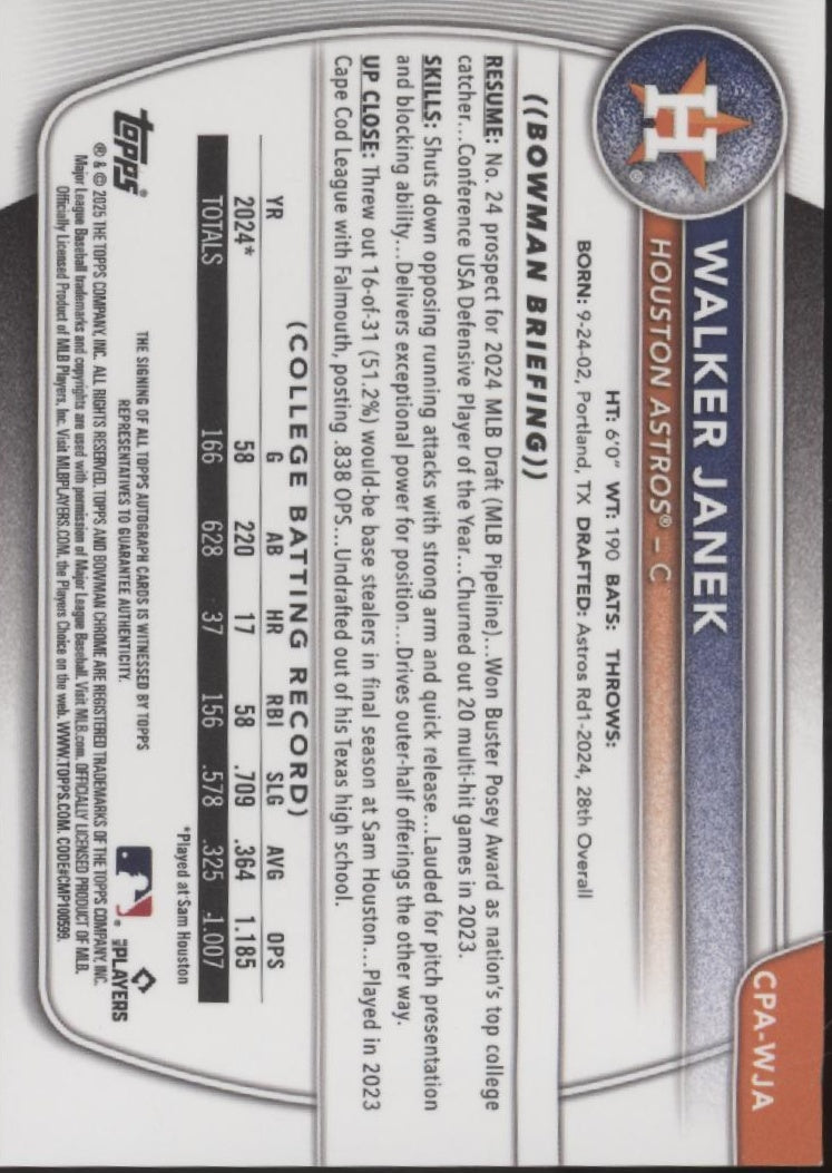 Walker Janek 2025 Bowman Chrome Prospects Auto #CPA-WJA、Collector Store LLC、kayou