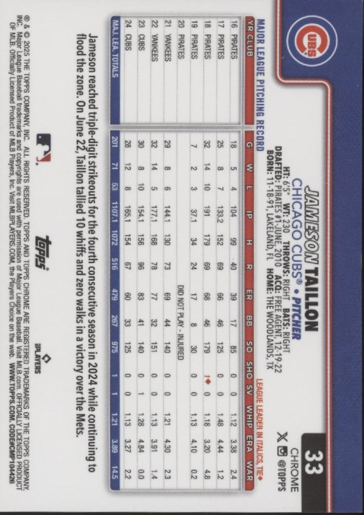 Jameson Taillon 2025 Topps Chrome Orange Ray Wave Refractor 25/25 #33、Collector Store LLC、kayou