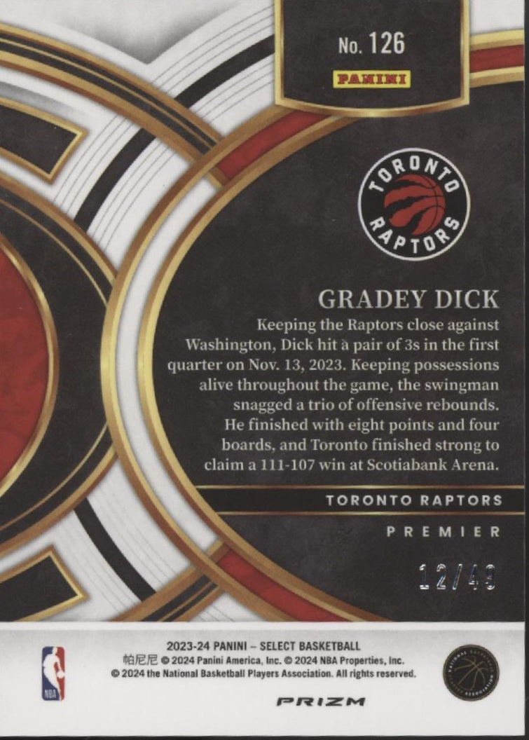 Gradey Dick 2023-24 Panini Select Teal White Pink Prizm RC 12/49 #126、Collector Store LLC、kayou