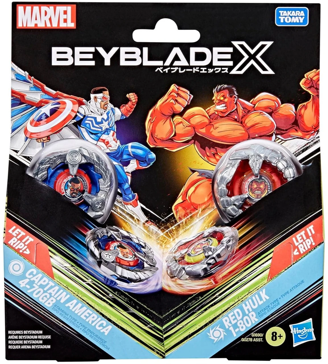 Beyblade X Marvel Captain America 4-70GB & Red Hulk 1-80R Dual Pack Set、ToyWiz、kayou