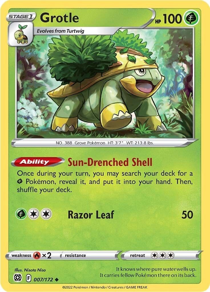 Pokemon Trading Card Game Sword & Shield Brilliant Stars Uncommon Grotle #7 Reverse Holo Lightly Played、ToyWiz、kayou
