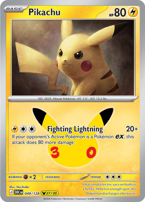Pokemon Trading Card Game 30th Celebration Pika Rare Pikachu #49、ToyWiz、kayou