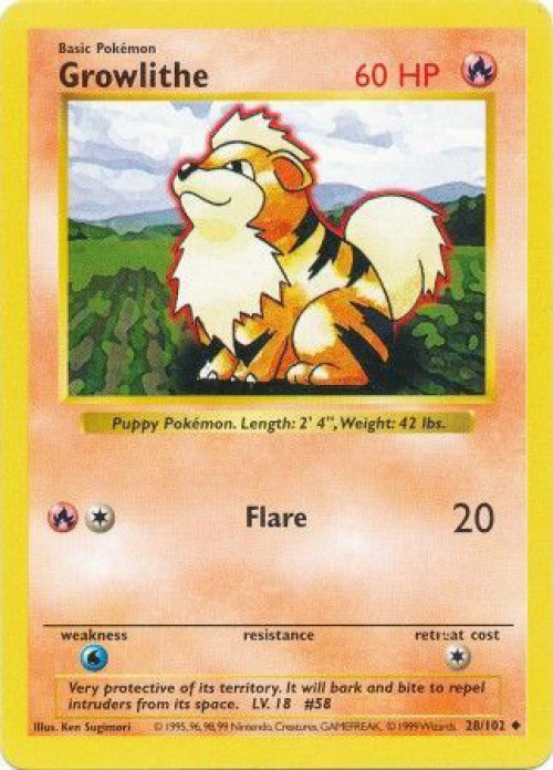 Pokemon Base Set Uncommon Growlithe #28 Shadowless Lightly Played、ToyWiz、kayou