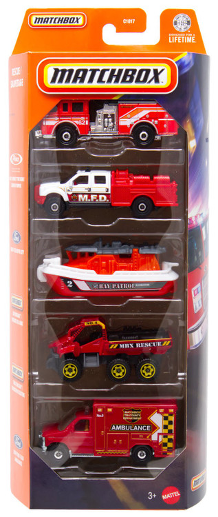 Matchbox Rescue Diecast Vehicle 5-Pack Pierce Arrow XT Fire Engine, Ford F-550 Super Duty, Bay Brigade, Tail Tracker & '09 Ford E-350 Ambulance、ToyWiz、kayou