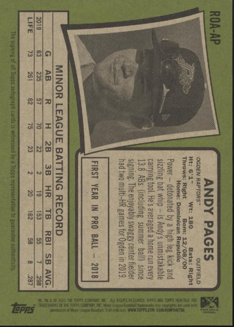 Andy Pages 2020 Topps Heritage Black Auto #ROA-AP、Collector Store LLC、kayou