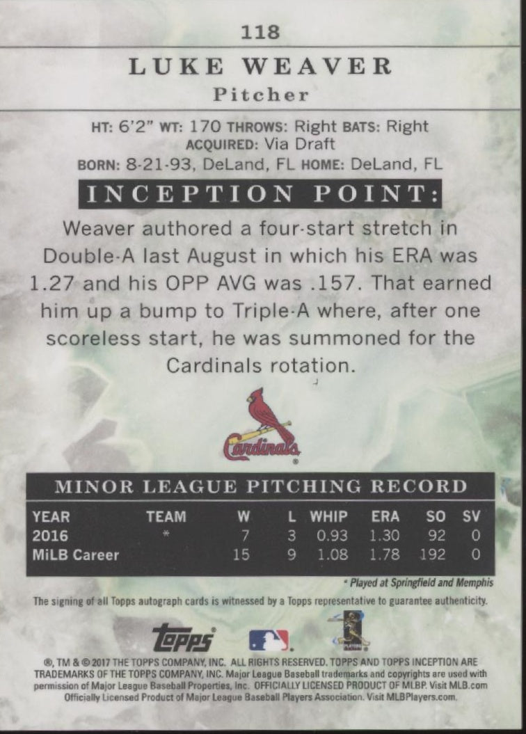 Luke Weaver 2017 Topps Inception RC Auto 163/249 #118、Collector Store LLC、kayou