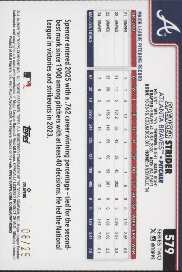 Spencer Strider 2025 Topps Series 2 Orange Diamante Holo 08/25 #579、Collector Store LLC、kayou