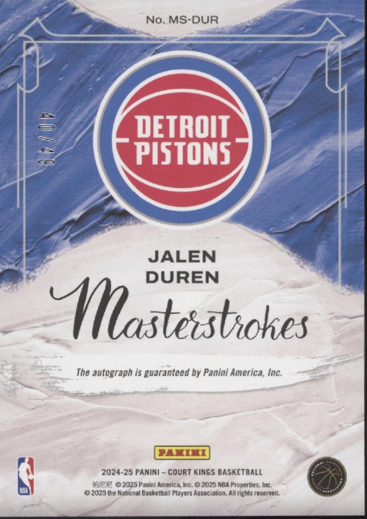 Jalen Duren 2024-25 Panini Court Kings Masterstrokes Orange Auto 40/49 #MS-DUR、Collector Store LLC、kayou