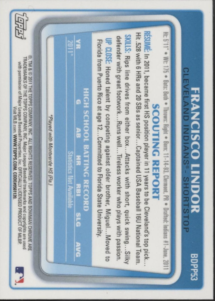 Francisco Lindor 2011 Bowman Chrome #BDPP53、Collector Store LLC、kayou
