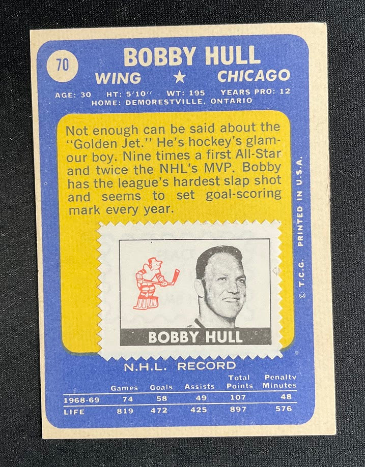 Bobby Hull 1969-70 Topps #70 Chicago Blackhawks VG、Collector Store LLC、kayou