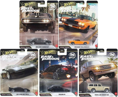 Hot Wheels Premium 25 Years of Fast & Furious Set of 5 Die Cast Carss 970 Dodge Charger R/T, 1970 Dodge Challenger R/T, 2003 Honda NSX Type-R, 2010 BMW M5 & Toyota Land Cruiser FJ60、ToyWiz、kayou