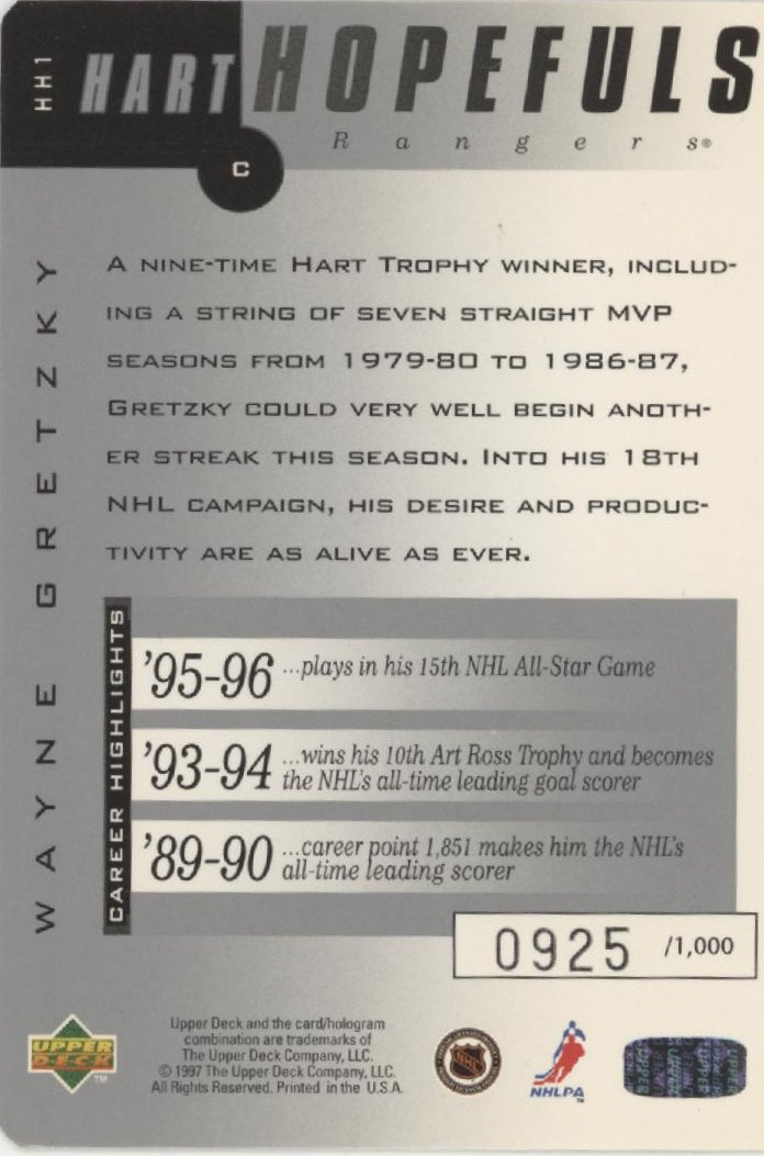 Wayne Gretzky 1997-98 Upper Deck Hart Hopefuls 0925/1000 #HH1、Collector Store LLC、kayou