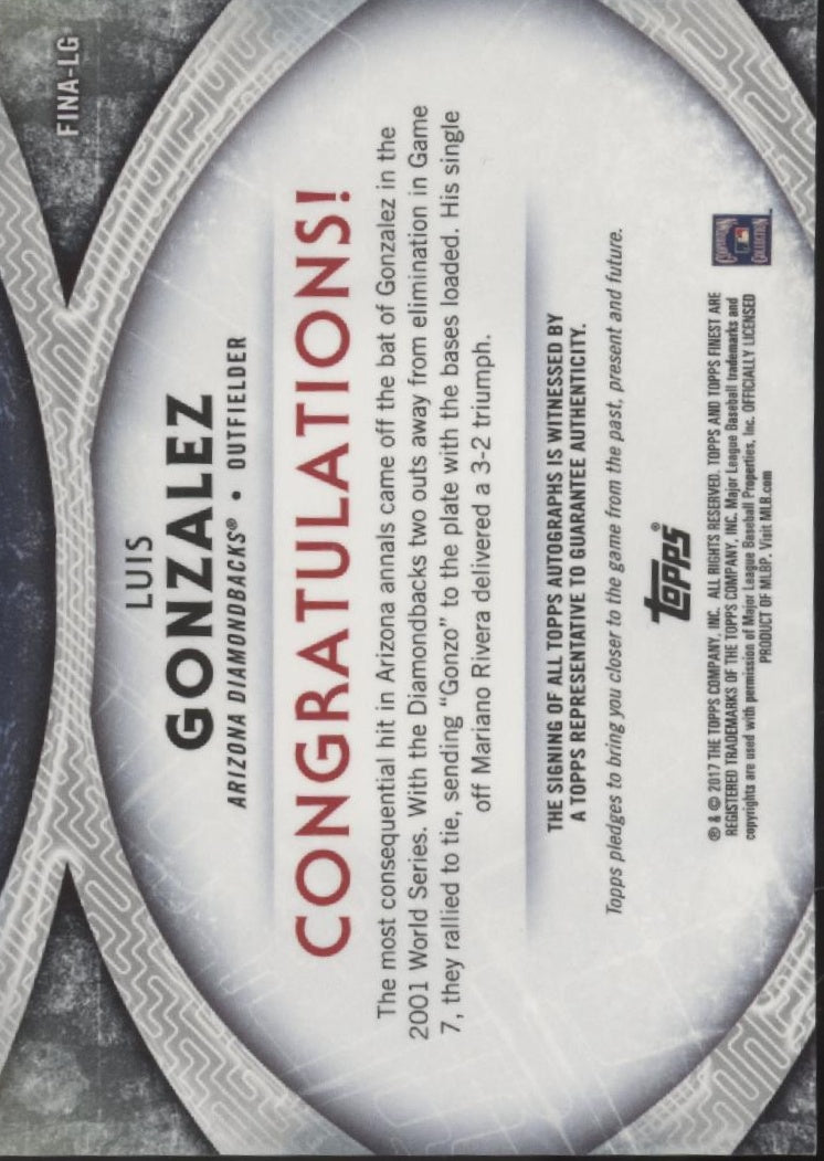 Luis Gonzalez 2017 Topps Finest Finishes Refractor Auto #FINA-LG、Collector Store LLC、kayou