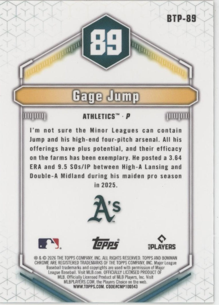 Gage Jump 2026 Bowman Chrome Top 100 Gold Refractor 22/50 #BTP-89、Collector Store LLC、kayou