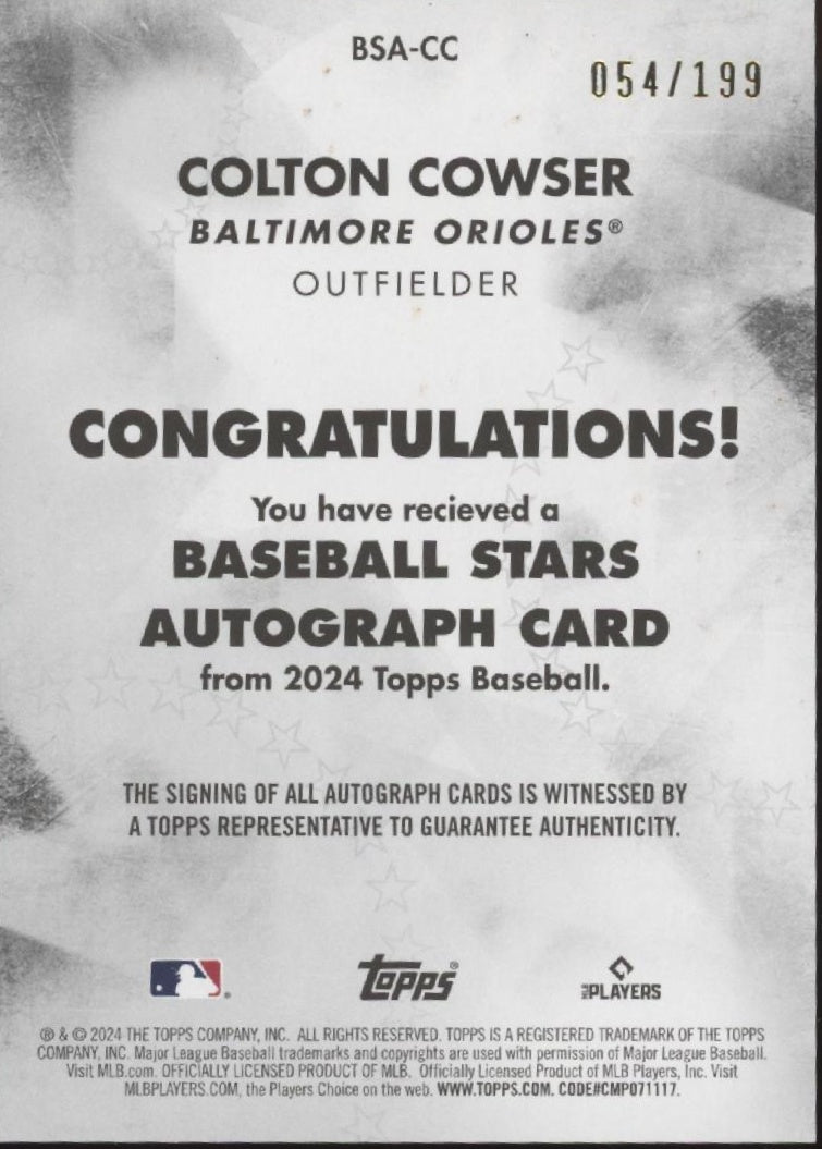 Colton Cowser 2024 Topps Stars Black RC Auto 054/199 #BSA-CC、Collector Store LLC、kayou