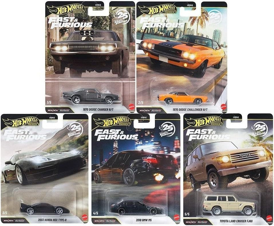 Hot Wheels Premium 25 Years of Fast & Furious Set of 5 Die Cast Carss 970 Dodge Charger R/T, 1970 Dodge Challenger R/T, 2003 Honda NSX Type-R, 2010 BMW M5 & Toyota Land Cruiser FJ60、ToyWiz、kayou