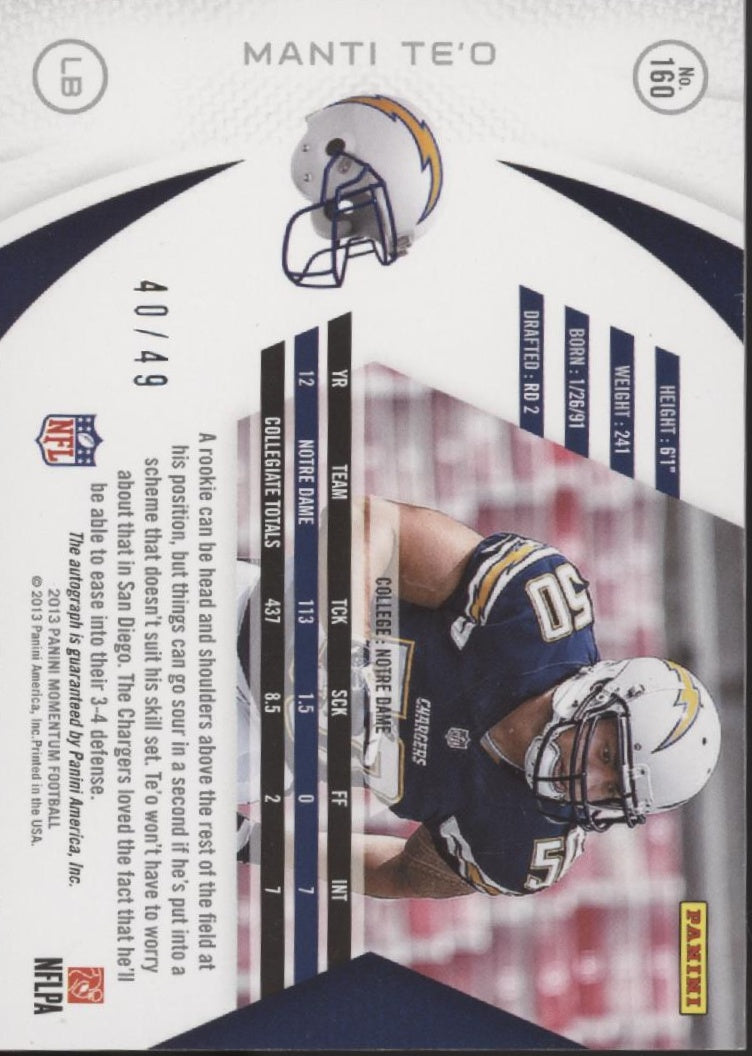 Manti Te'o 2013 Panini Mometum RC Auto 40/49 #160、Collector Store LLC、kayou