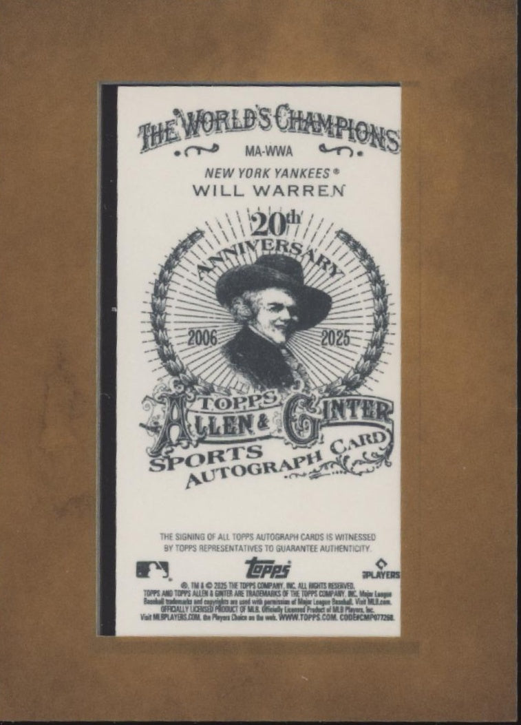 Will Warren 2025 Topps Allen & Ginter Mini Framed Auto RC #MA-WWA、Collector Store LLC、kayou