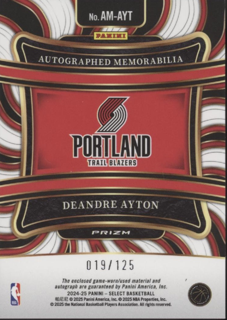 Deandre Ayton 2024-25 Panini Select Prizm Swatch Auto 019/125 #AM-AYT、Collector Store LLC、kayou
