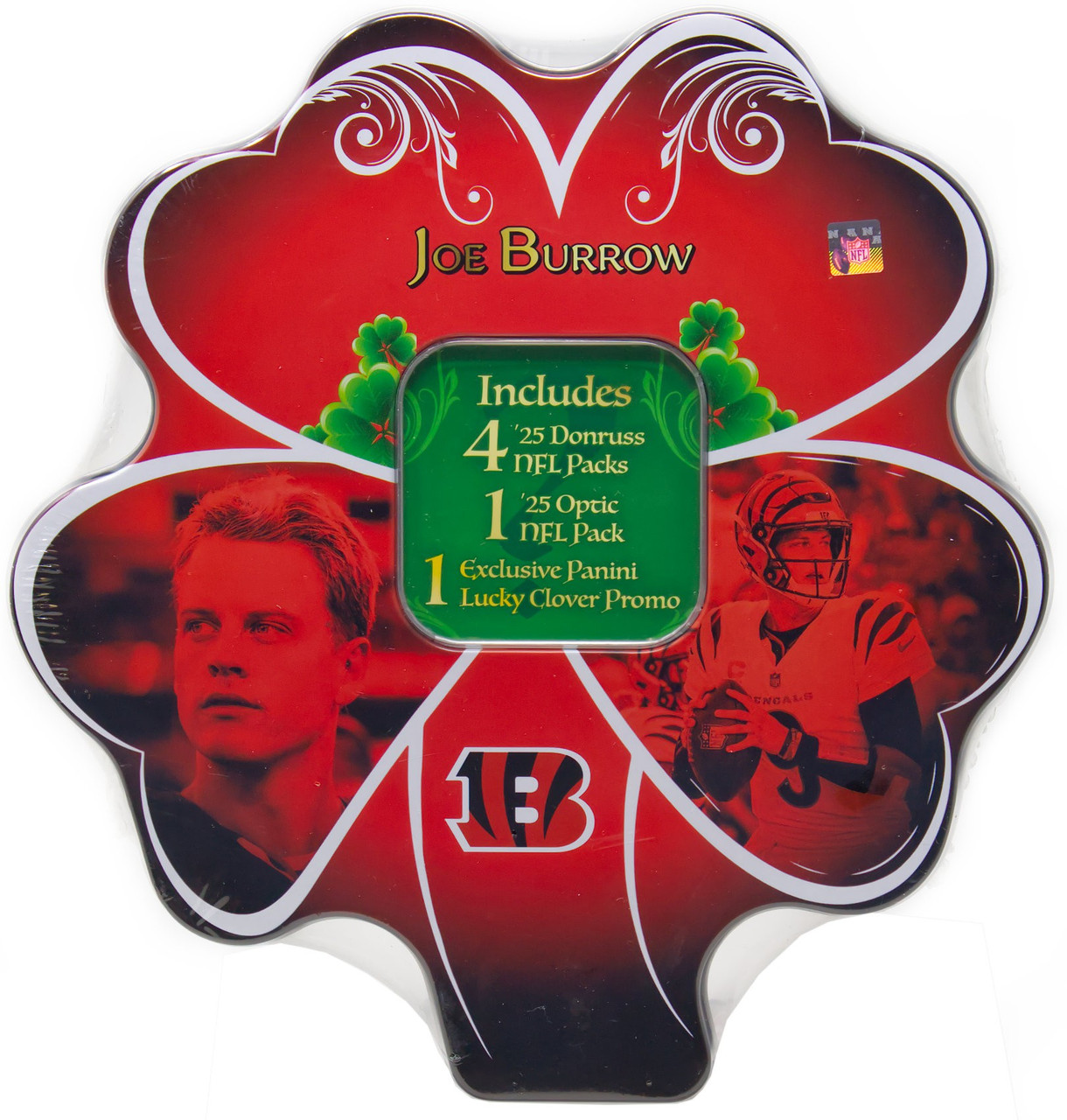 NFL 2025 Panini Football Joe Burrow Trading Card COLLECTOR Shamrock Tin 5 Packs & 1 Lucky Clover Promo、ToyWiz、kayou