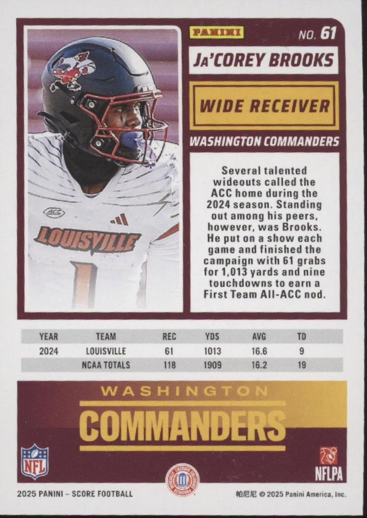 Ja'Corey Brooks 2025 Panini Score First Down Orange RC 01/10 #61、Collector Store LLC、kayou