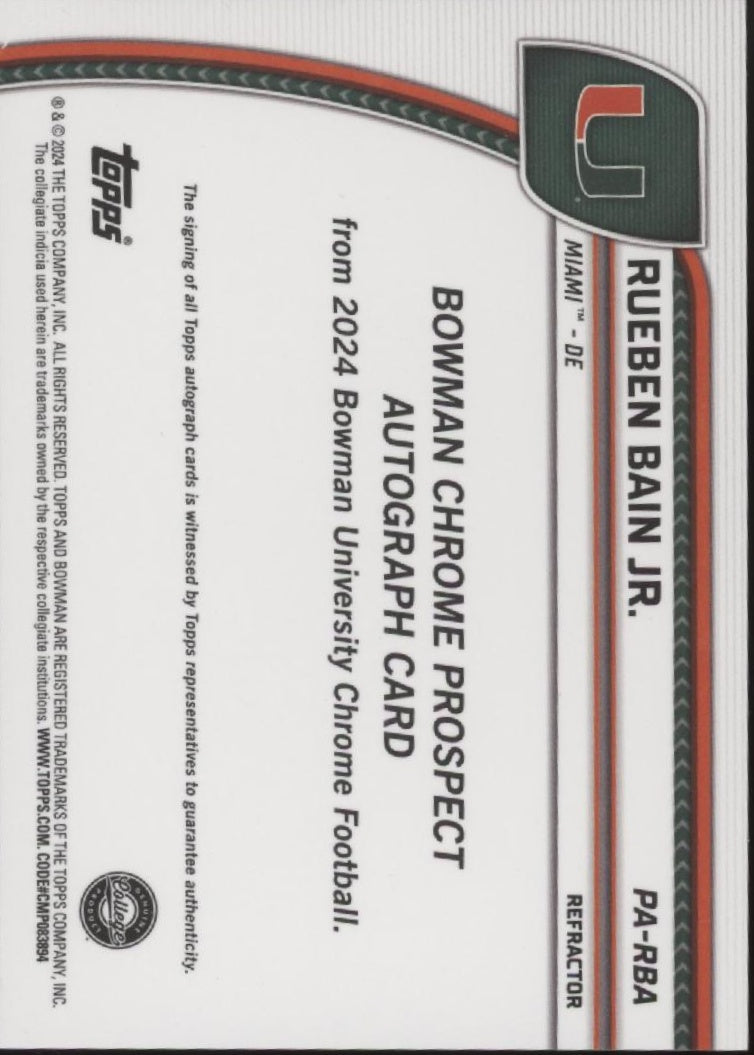 Rueben Bain Jr. 2024 Bowman Chrome University Refractor Auto 119/299 #PA-RBA、Collector Store LLC、kayou