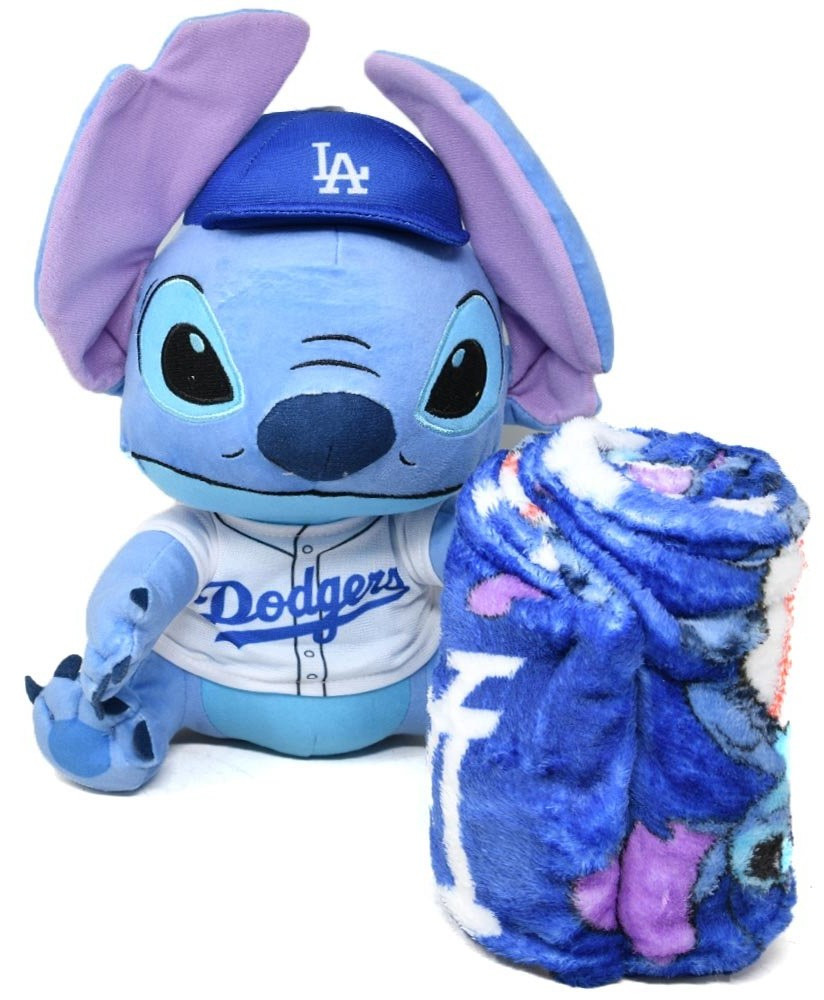 Disney LA Dodgers Stitch 14-Inch Plush & Fleece Throw Blanket Set、ToyWiz、kayou