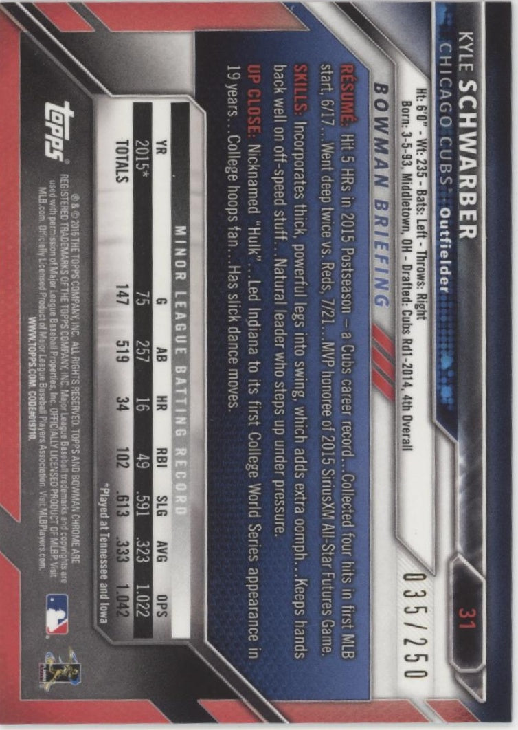 Kyle Schwarber 2016 Bowman Chrome Purple Refractor RC 035/250 #31、Collector Store LLC、kayou