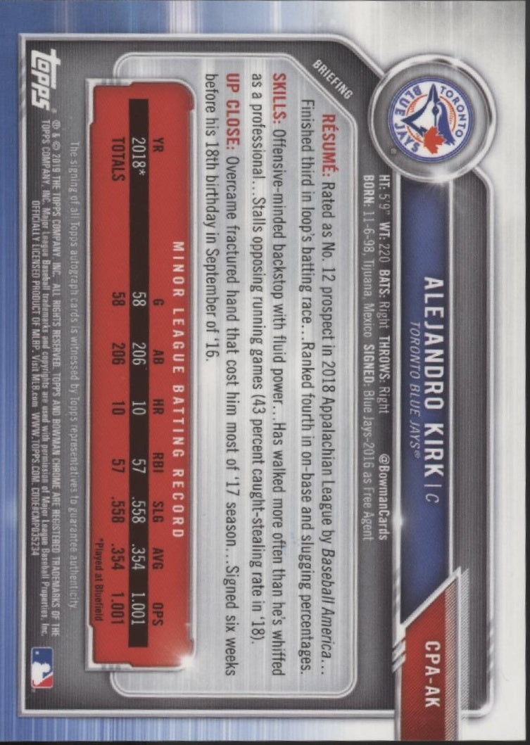 Alejandro Kirk 2019 Bowman Chrome Auto #CPA-AK、Collector Store LLC、kayou