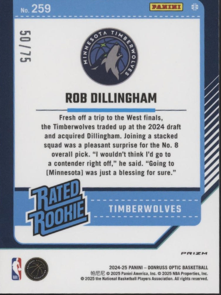 Rob Dillingham 2024-25 Donruss Optic Rated Rookie Electricity International /75、Collector Store LLC、kayou